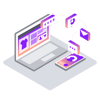 Illustration of a laptop showing an ecommerce scene on the screen. Beside the laptop are a cell phone and icons showing various communication channels.