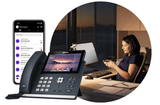 A montage of the Vonage Unified Communications application, an office desk phone and a business person working after hours