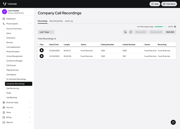 Screen capture of Vonage Business app