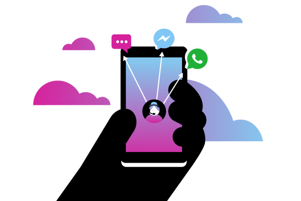 image of hand holding a mobile phone, with icons depicting phone, social media, and chat — this represents updates to the Vonage Messaging Suite