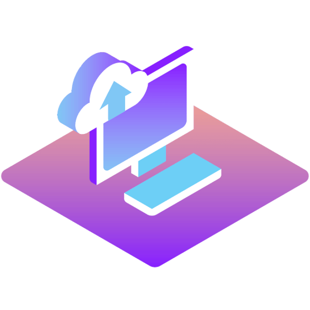 Illustration of a desktop computer with a cloud icon located in the upper left corner of the screen with an arrow fixed atop the cloud; a rectangle in the shape of a keyboard is in front of the desktop computer