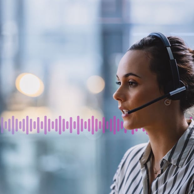 Photo of a call center agent talking to a customer on her headset. In the background are purple "sound waves" representing communications.