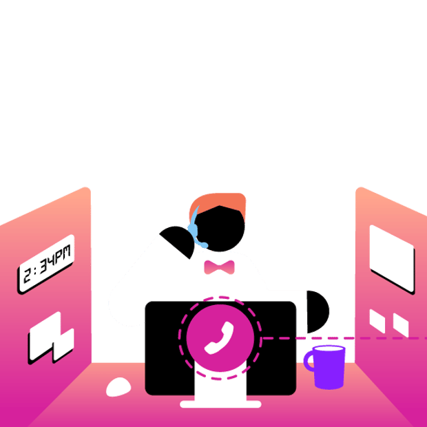 Illustration of a call center agent sitting behind a computer monitor in an office cubicle. On the walls of the cubicle are a clock and various notes. A phone icon floats in the foreground, with a line running from the computer to out of frame to show a routed call.
