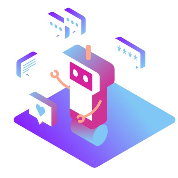 Illustration of a robot surrounded by icons representing calls, texts, emails, chats, and more.