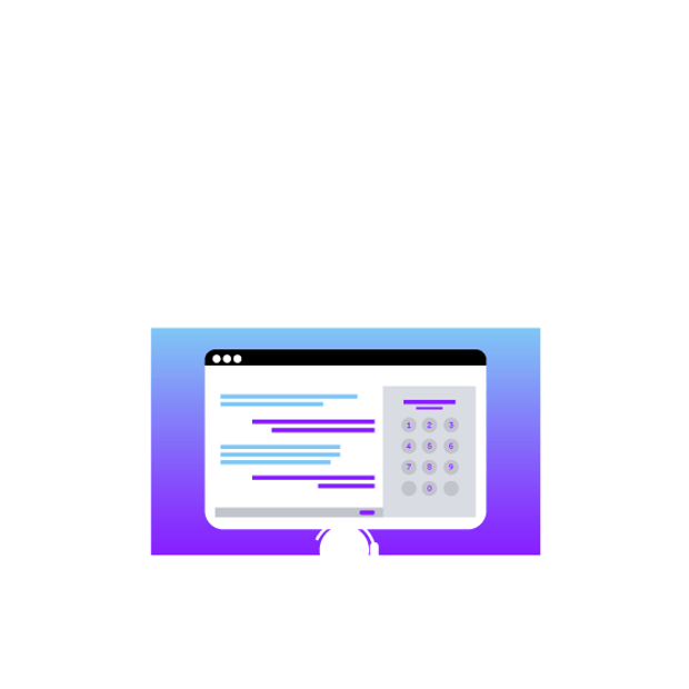 Illustration of a call center agent sitting in front of an oversized computer monitor. On the monitor we see a phone dial keypad and also lines representing information about the customer being called.