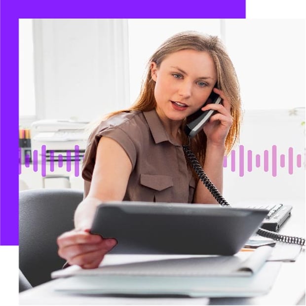 Photo of a woman looking at some documents while talking on her business phone. In the background, a series of small purple vertical lines runs across the frame.