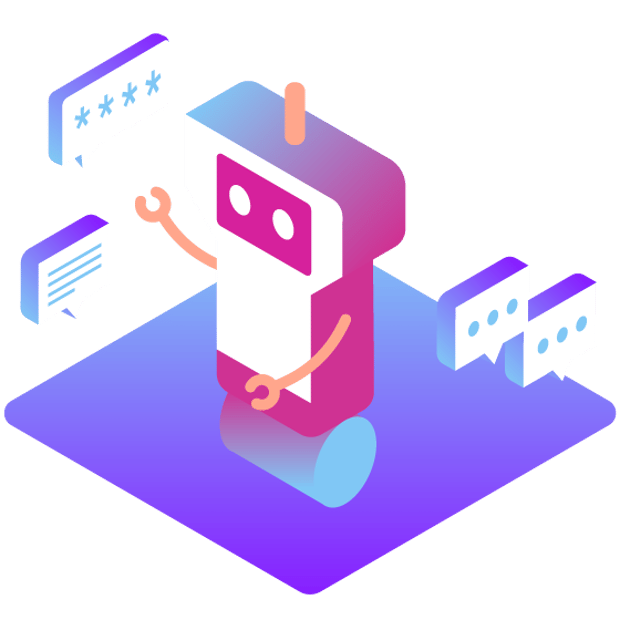 Illustratiion of a robot figure surrounded by icons representing different communications channels, like voice, texts and chat