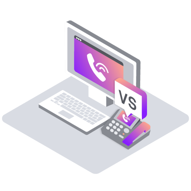 Illustration of a computer, with an image on the monitor of a phone handset and wave forms representing a call. Beside the computer is a traditional landline desk phone. A word balloon above the desk phone say "vs."