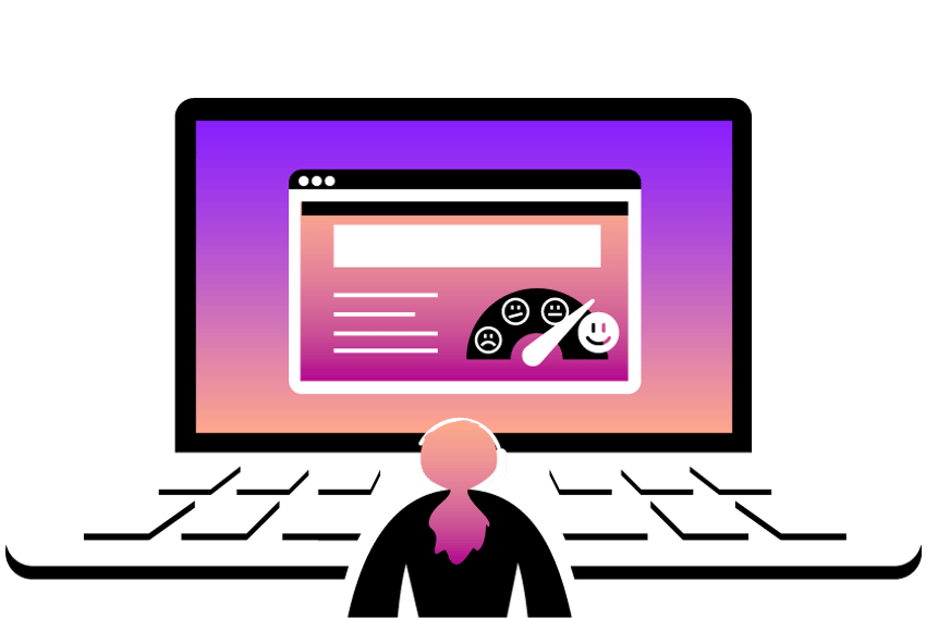 Illustration of a woman sitting in front of an oversized laptop. On the screen is a dashboard showing a range of emojis, from a sad face to a smiley face, representing different levels of customer satisfaction.