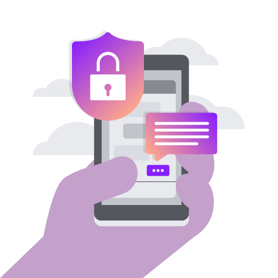 Illustration of a hand holding a cell phone. Two icons float in front of the screen representing text messages and security.