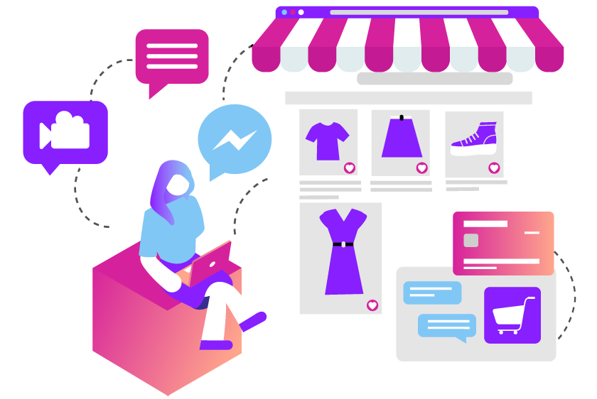 Illustration of a woman sitting outside a brick-and-mortar store. She is using her laptop, and we see icons representing her shopping for clothes items, watching videos, chatting with store clerks, and making purchases online. 